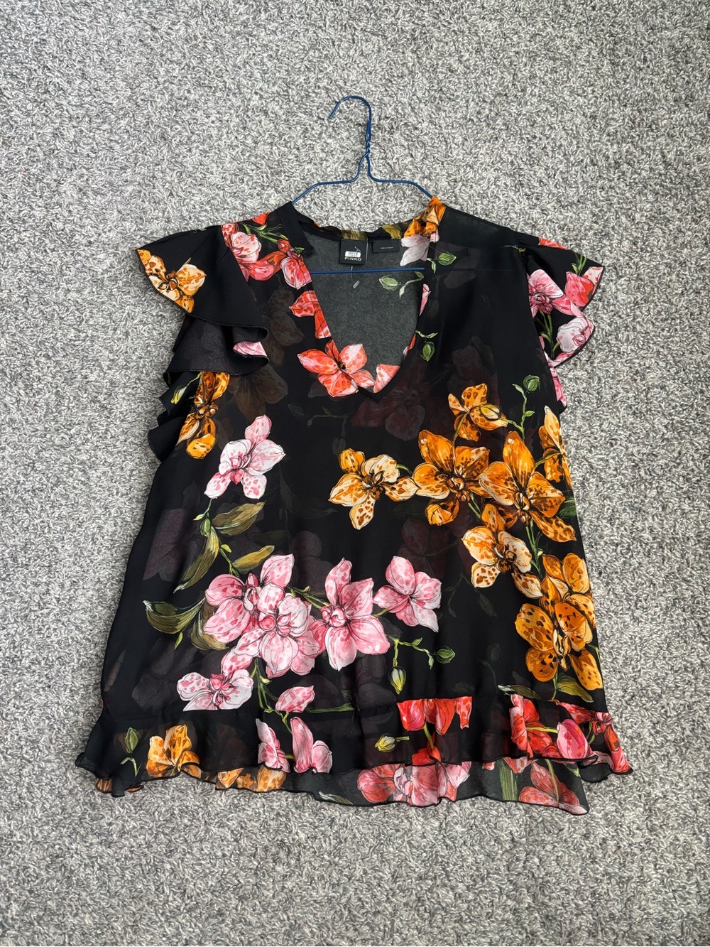 Pinko Black Floral Ruffle V-Neck Blouse with Pink & Orange Blooms